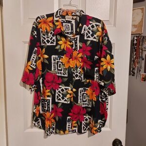 Plus Preferred Vintage Tropical Floral Geometric Rayon Button Down Shirt 20/40